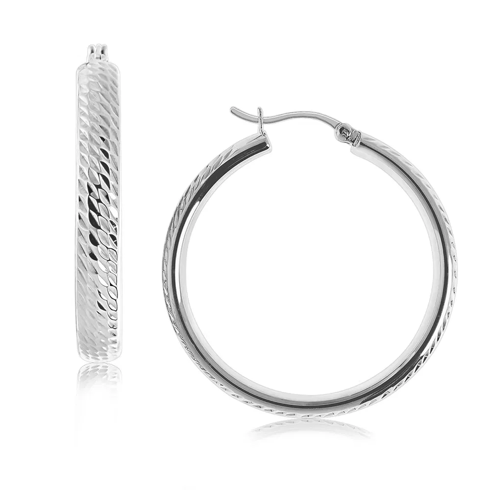 Sterling Silver Rhodium Plated Hoop Marquise Motif Diamond Cut Earrings (3x30mm) - Grocery