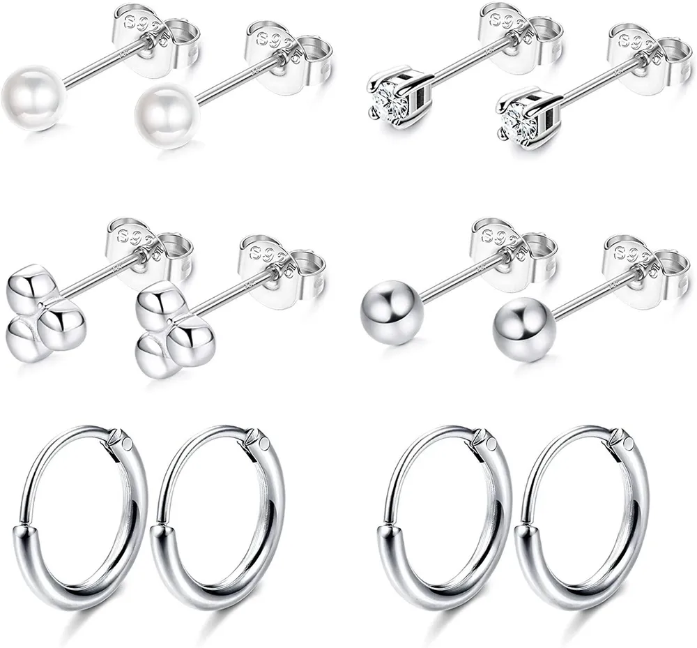 6Pairs Sterling Silver Stud Earrings for Women Men Tiny Ball CZ Stud Round Pearl Earrings Small Hoop Cartilage Tragus Piercing Earrings - Grocery