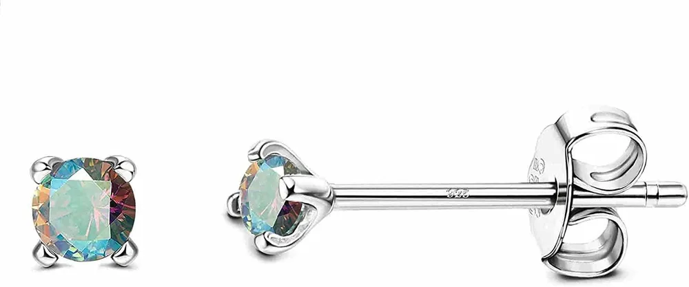 2mm Tiny Long Post Cubic Zirconia Stud Earrings for Women Men; Aurora Rainbow earrings Platinum Tiny CZ Studs earrings Hypoallergenic - Grocery