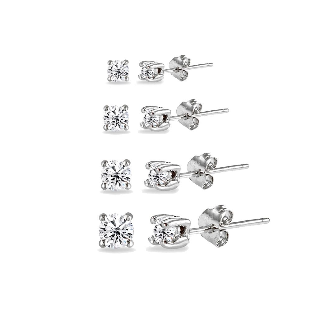 4 Pair Set Round Cubic Zirconia Stud Earrings in 925 Silver, 2mm 3mm 4mm 5mm - Grocery