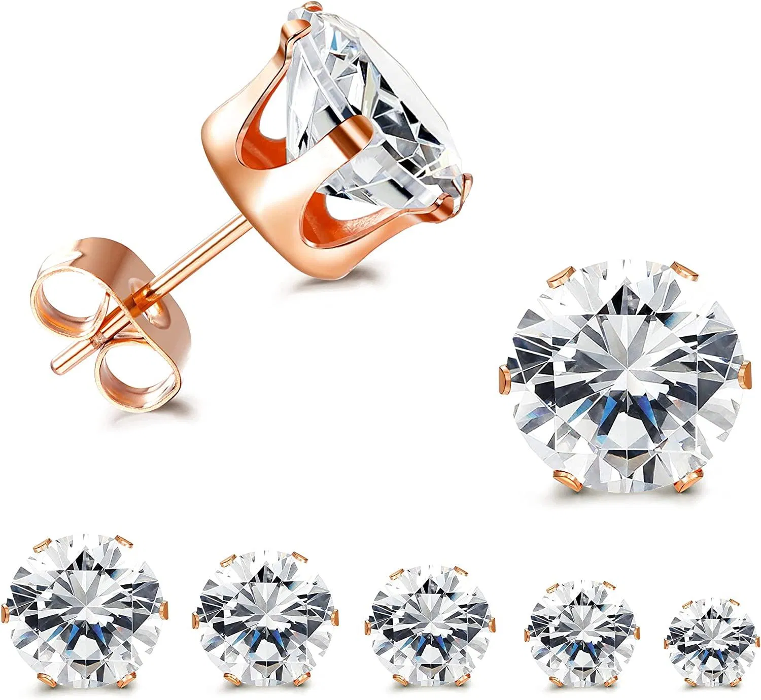 5 Pairs CZ Stud Earrings Set; Round Clear Cubic Zirconia 316L Stainless Earrings for Women 3-7mm - Grocery