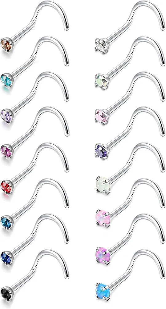Stud Nose Rings 18G 20G Stainless Opal CZ L Screw Bone Nose Piercing Stud - Grocery