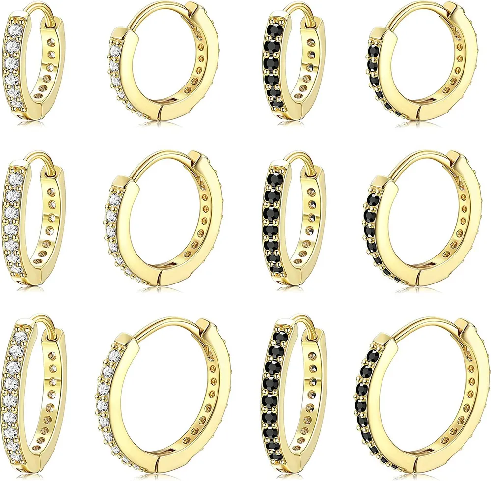 6 Pairs Huggie Hoop Earring for Women Black Cubic Zirconia Earrings Tiny Cartilage Tragus Helix Piercing CZ Cuff Earrings - Grocery