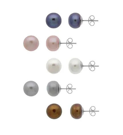 Sterling Silver 8-9mm Freshwater Cultured White, Pink, Grey, Peacock, & Brown Pearl Stud Earring Set - Grocery