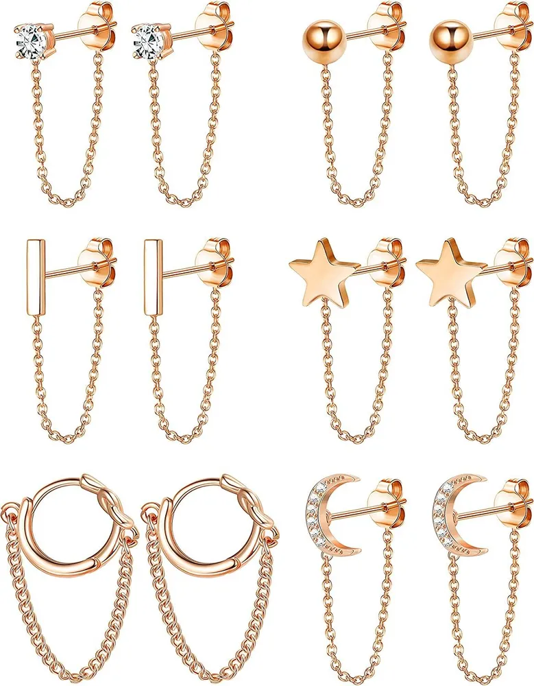 6 Pairs Chain Stud Earrings Set for Women Copper Chain Earrings Hoop Dangle Minimalist Cubic Zirconia Bar Ball Star and Moon Stud Earring - Grocery