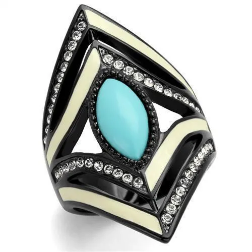 TK2099 - IP Black(Ion Plating) Stainless Steel Ring with Synthetic Turquoise in Sea Blue - Grocery