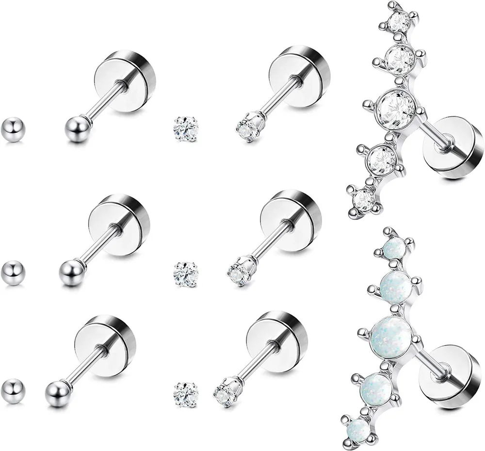 14 Pcs 16G Stainless Cartilage Piercing Tiny Stud Earrings with Screw Flat Small Barbell CZ Opal Helix Stud Earring Set for Men Women Set 6mm - Grocery