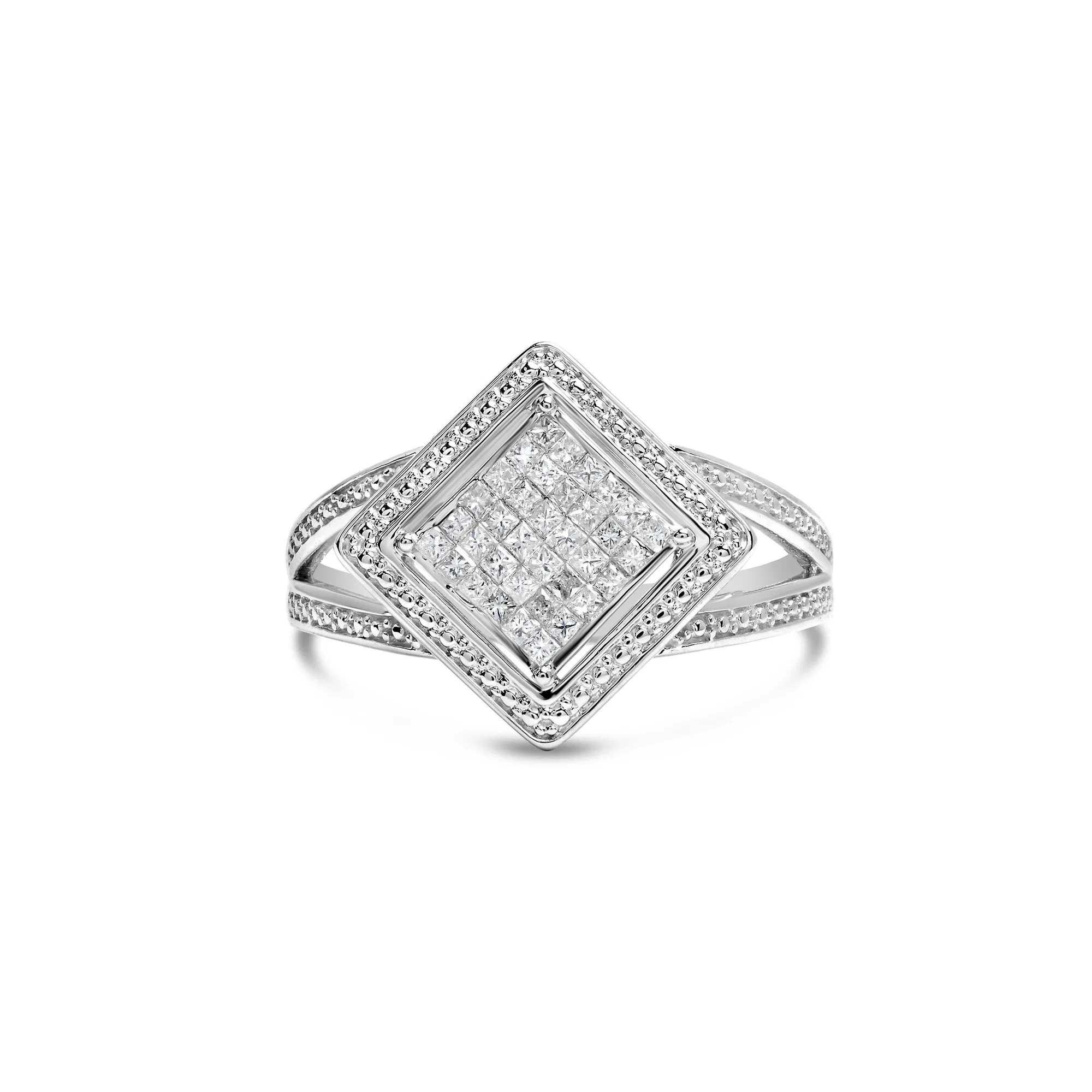 .925 Sterling Silver 1/3 Cttw Invisible Set Princess-Cut Diamond Rhombus and Beaded Halo Ring (H-I Color, SI1-SI2 Clarity) - Grocery