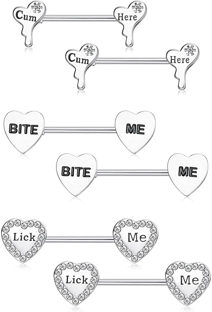 3 Pairs 14G Nipple Rings Stainless Steel Nipple Heart Shape Piercing Barbell With Carved Tongue Bars Rings Body Piercing Jewelry for Women - Grocery