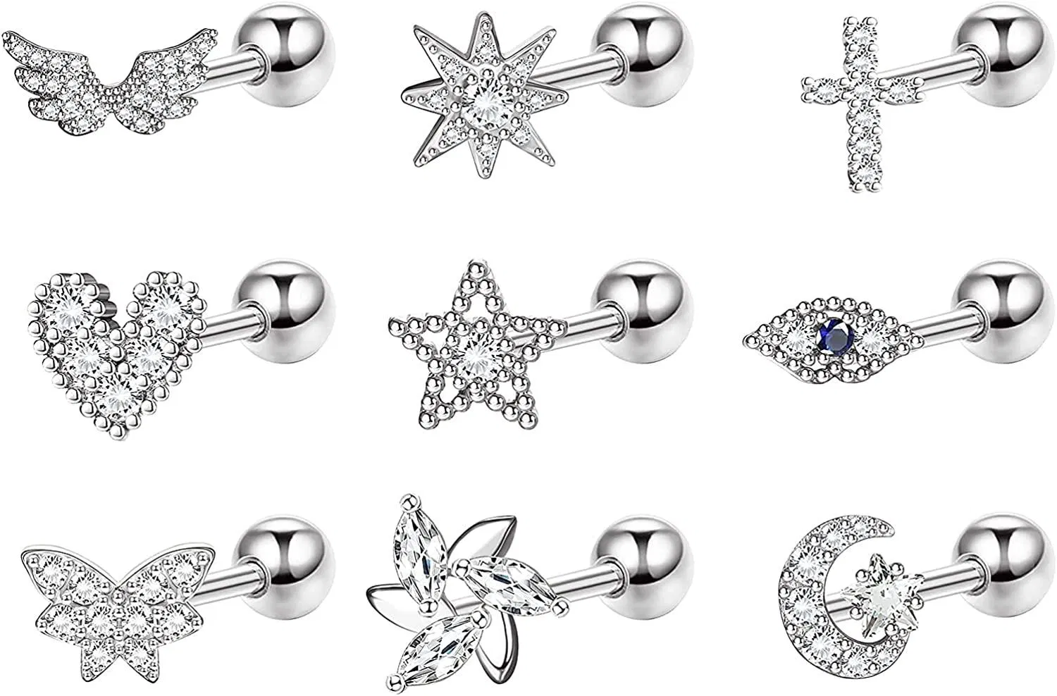 9Pcs 18G Cartilage Earrings 316L Stainless Tragus Earrings for Women Cross Heart Butterfly Moon and Star Tragus Helix Piercing Jewelry - Grocery