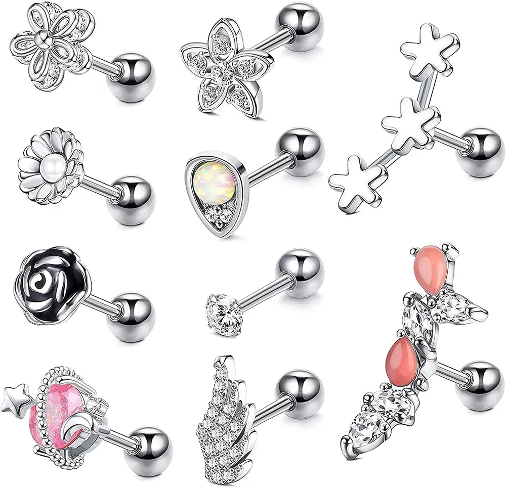 10Pcs Cartilage Earrings 16G Surgical Cartilage Earring Stud Set Helix Tragus Earrings for Women - Grocery