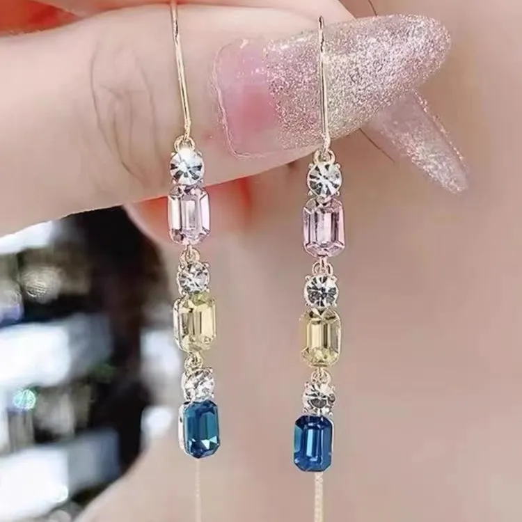 Earring Colored Diamond-encrusted Geometric Tassel Anti-ear-dropping Line Female - Grocery