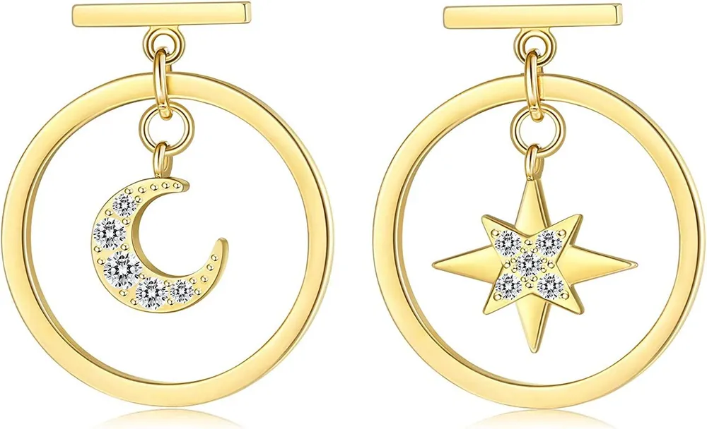 925 Sterling Silver Bar Circle Drop Earrings for Women White Gold Plated CZ Star Moon Earring 16MM Round Circle Dangle Earring - Grocery