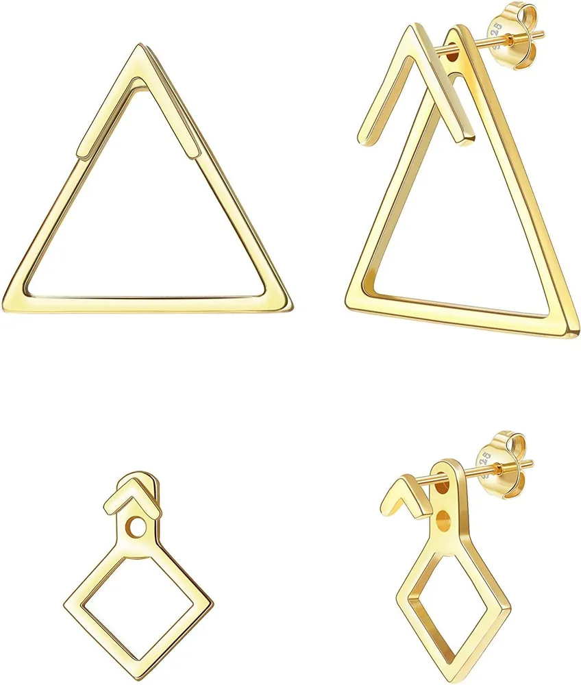 2Pairs Sterling Minimalist Ear Jacket Earrings for Women Gold Triangle Square Stud Earrings Geometric Hypoallergenic Stud Earrings/Gold Tone - Grocery