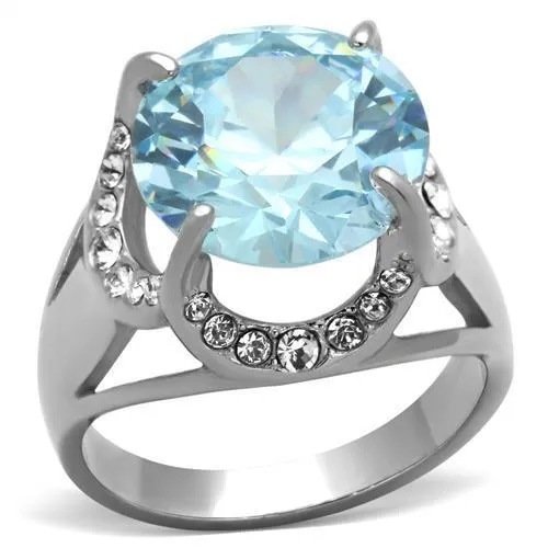 TK1423 - High polished (no plating) Stainless Steel Ring with AAA Grade CZ in Sea Blue - Grocery