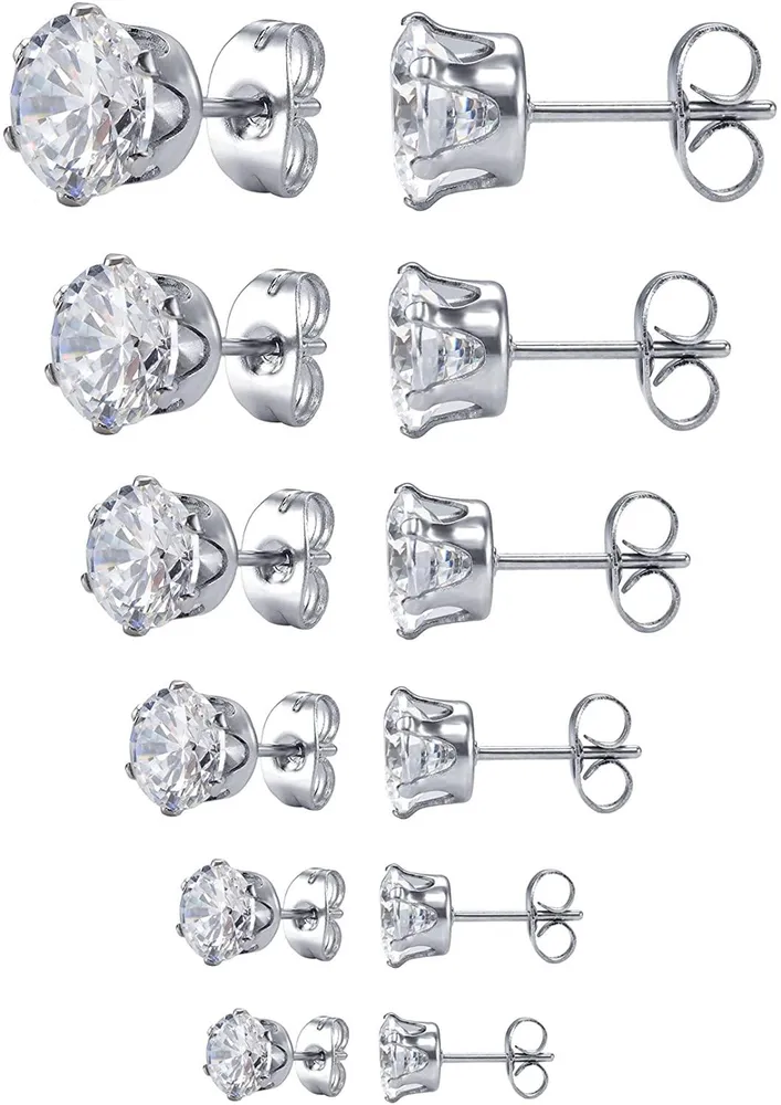 Jewelry Women's Stainless Steel Round Clear Cubic Zirconia Stud Earring (6 Pairs) - Grocery