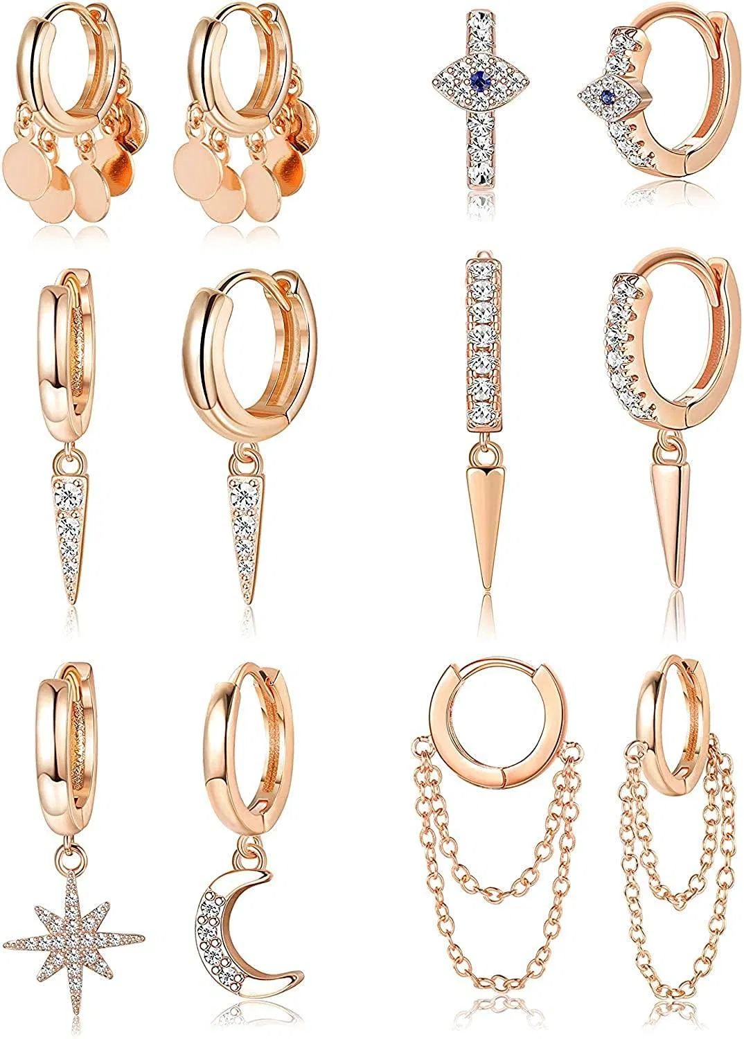 6Pairs Moon Star Dangle Hoop Earrings Evil Eye Huggie Hoop Cute Earring CZ Spike Hinged Tassel Chain Drop Dangle Cartilage Earring Set - Grocery