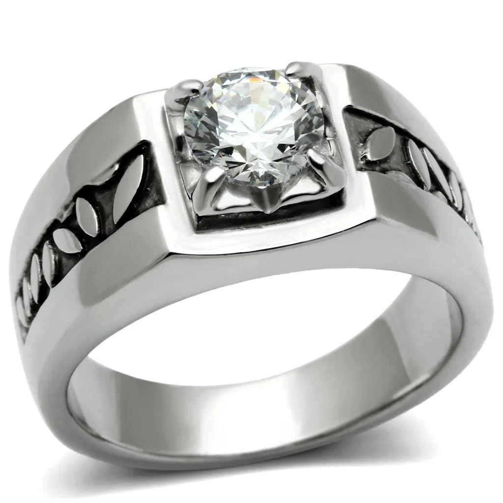 TK356 - High polished (no plating) Stainless Steel Ring with AAA Grade CZ in Clear - Grocery