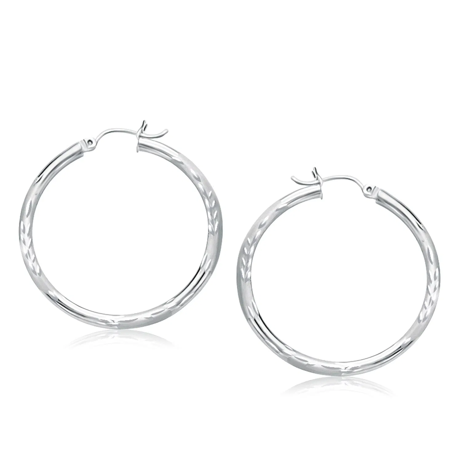 14k White Gold Fancy Diamond Cut Hoop Earrings (3x35mm) - Grocery