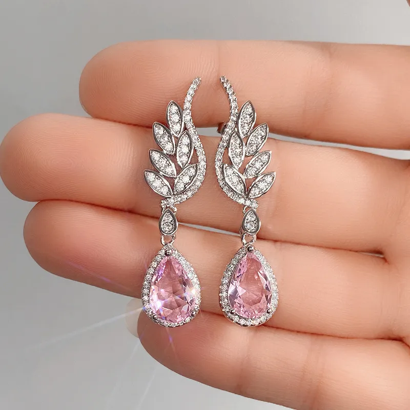 Luxury 925 Silver Plated Feather Micro Paved Zircon Pink Gemstone Teardrop Earrings For Women Wedding Romantic Jewelry - Grocery