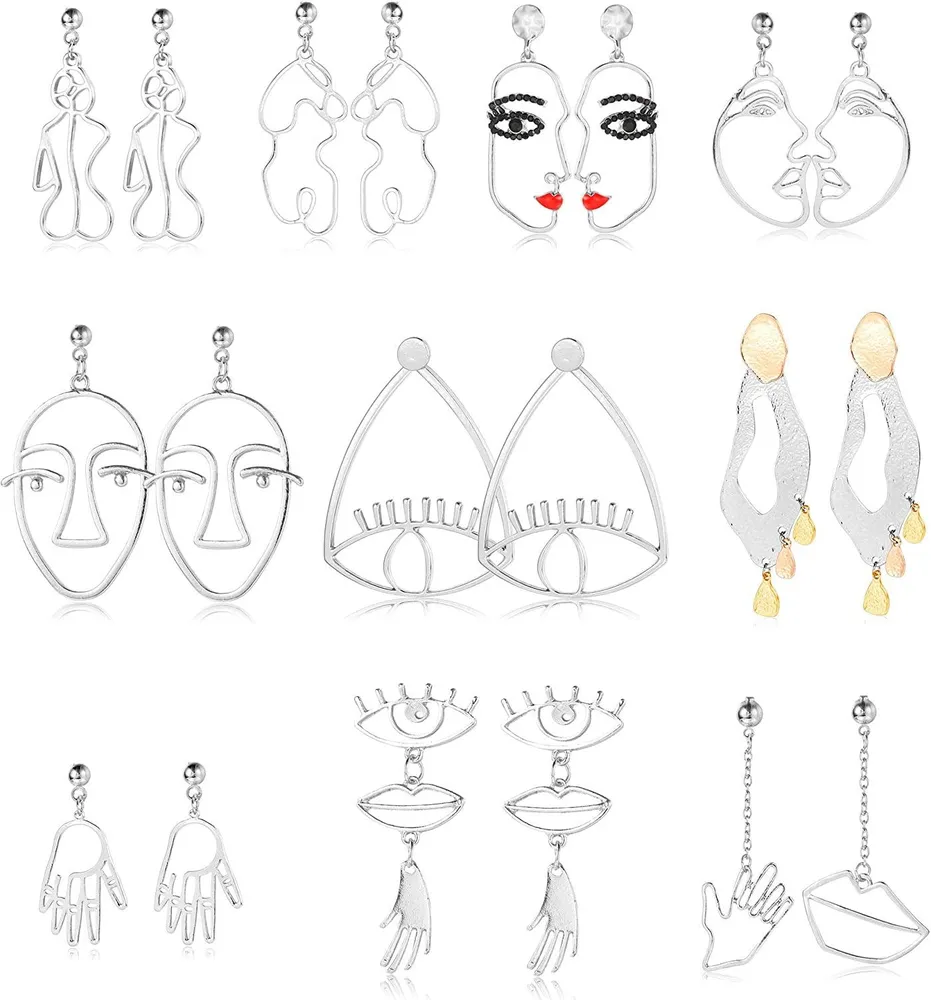 10 Pairs Abstract Face Earrings for Women Unique Eyes Lips Hollow Hand Face Outline Earrings Funky Statement Silver Gold Face Drop Dangle Earrings Set - Grocery