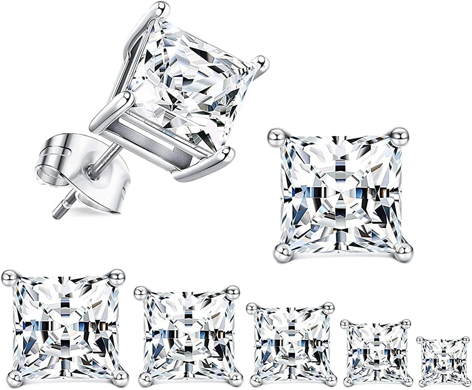 6 Pairs Cubic Zirconia Earrings Princess Cut Square Stud Earrings for Women Men 925 Sterling Silver Post Cartilage Studs Earring Piercing Set 3mm-8mm - Grocery