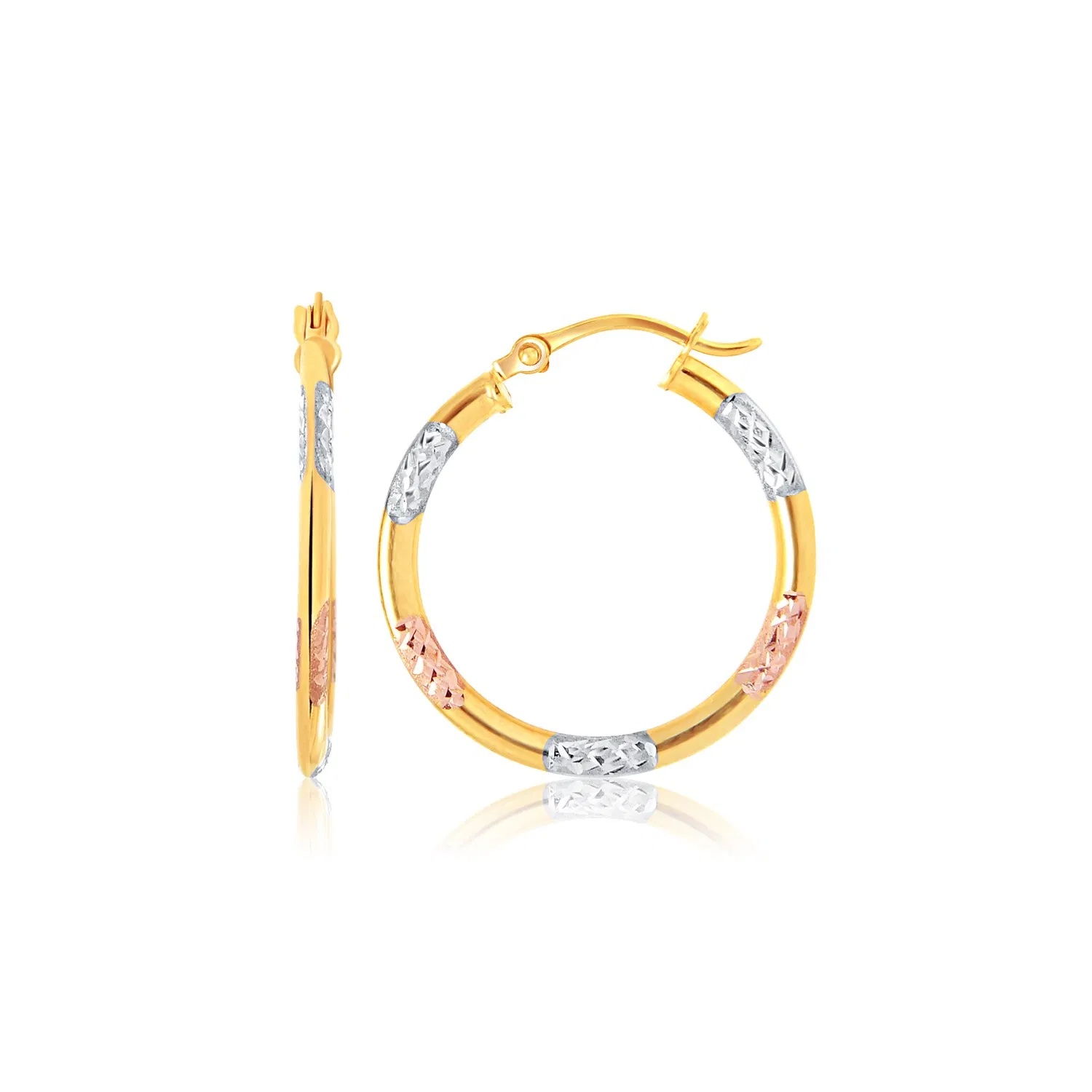 Tri-Color Hoop Earrings with Diamond Cut Accents in 14k Gold(2x15mm) - Grocery