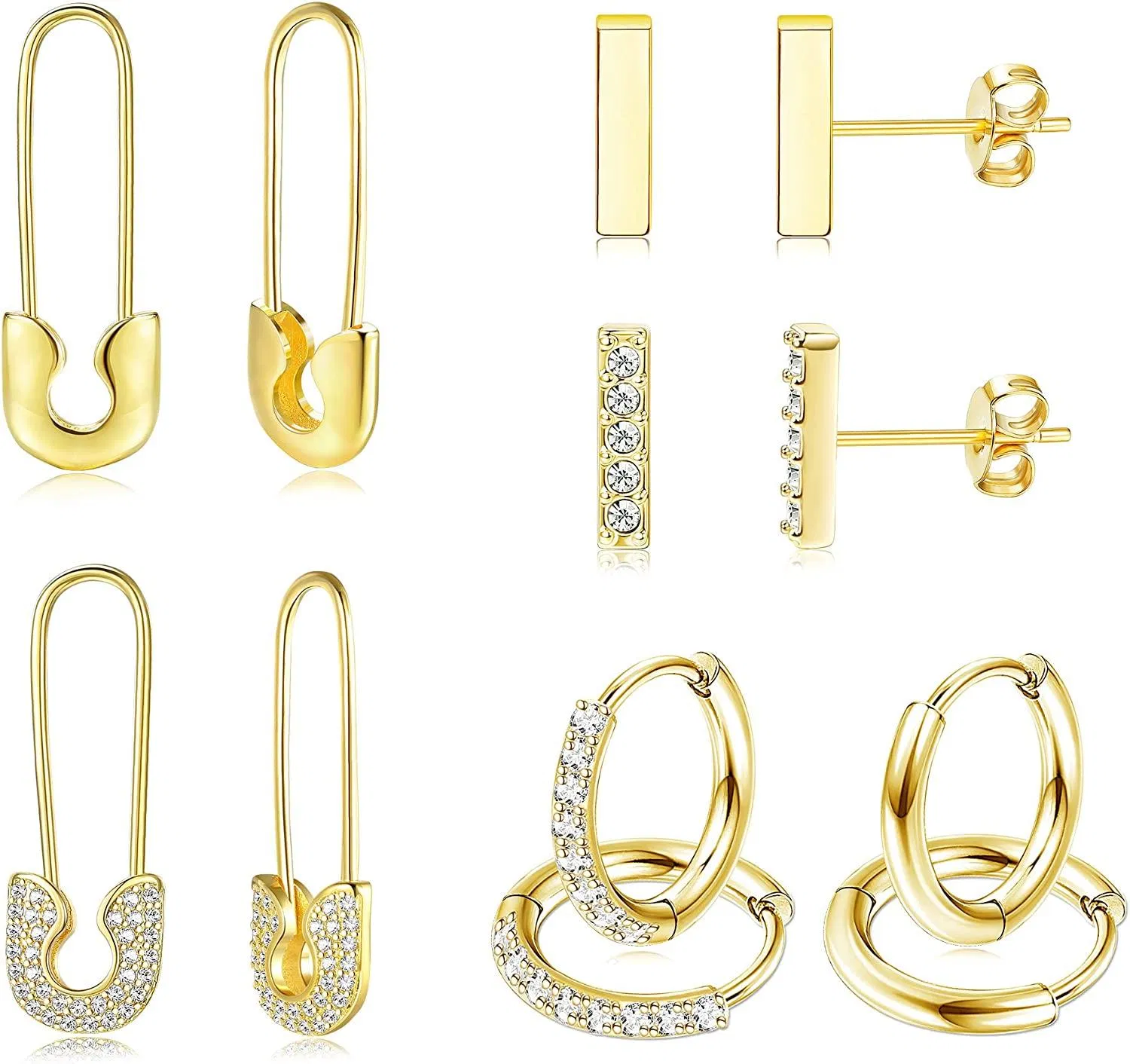 6 Pairs Gold Plated Huggies Hoop Earrings Set for Women Mini Bar Stud Earrings Pin Cartilage Huggie Cuff Earrings Set - Grocery