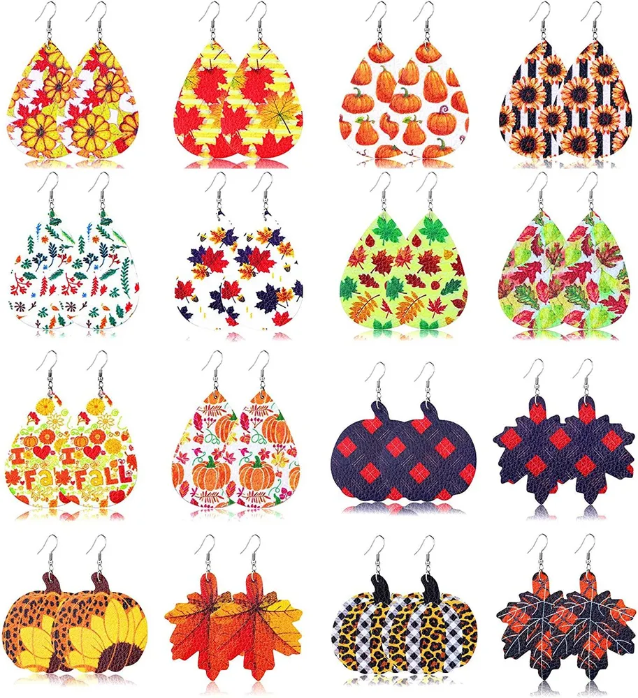 16 Pairs Fall Faux Leather Earrings for Women Autumn Teardrop Dangle Earrings Set Pumpkin Sunflower Maple Leaf Thanksgiving Jewelry - Grocery