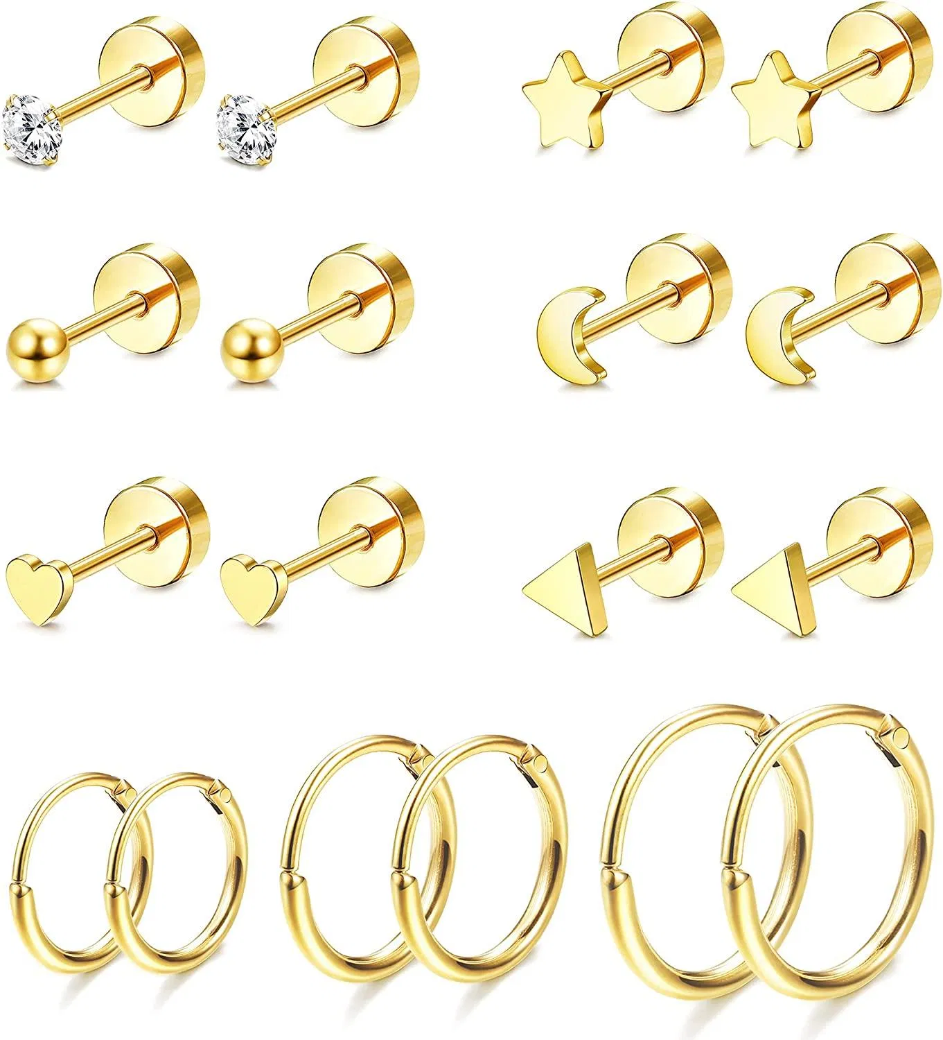 9 Pairs Tiny Cartilage Earrings Studs Hoops for Women Stainless CZ Balls Tragus Helix Endless Hoop Piercing Flatback Earring Set - Grocery