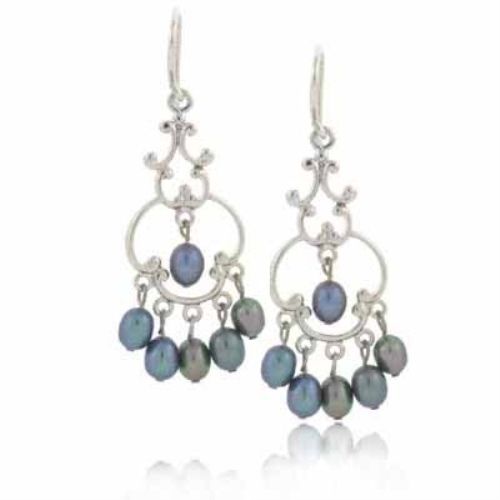 Sterling Silver Filigree Genuine Freshwater Gray Cultured Pearl earrings - Grocery