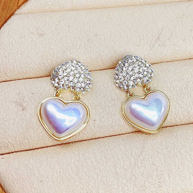 Exquisite Diamond Heart Earrings Ins Women's Silver Pin Earrings Pearls - Grocery