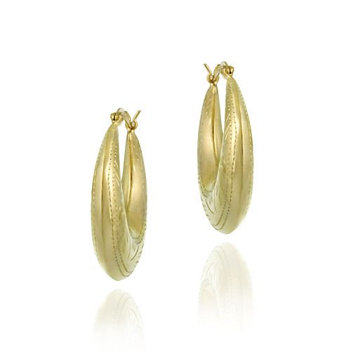 18K Gold over Sterling Silver Etched Flower Design Hoop Earrings - Grocery