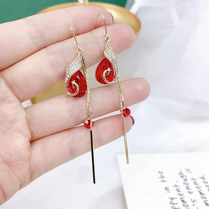 Elegant Retro Peacock Crystal Earrings Tassel Long Bridal Earrings Jewelry Gift - Grocery