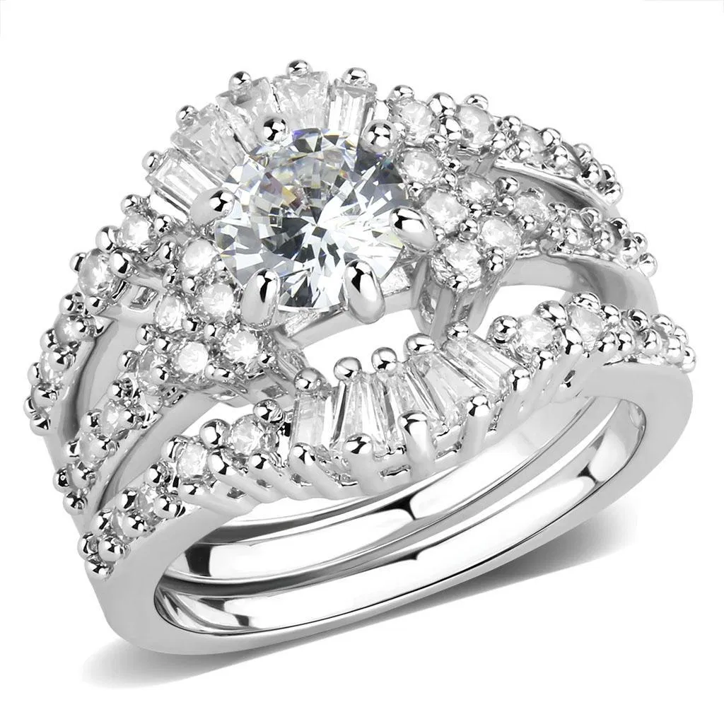 3W1553 - Rhodium Brass Ring with AAA Grade CZ in Clear - Grocery