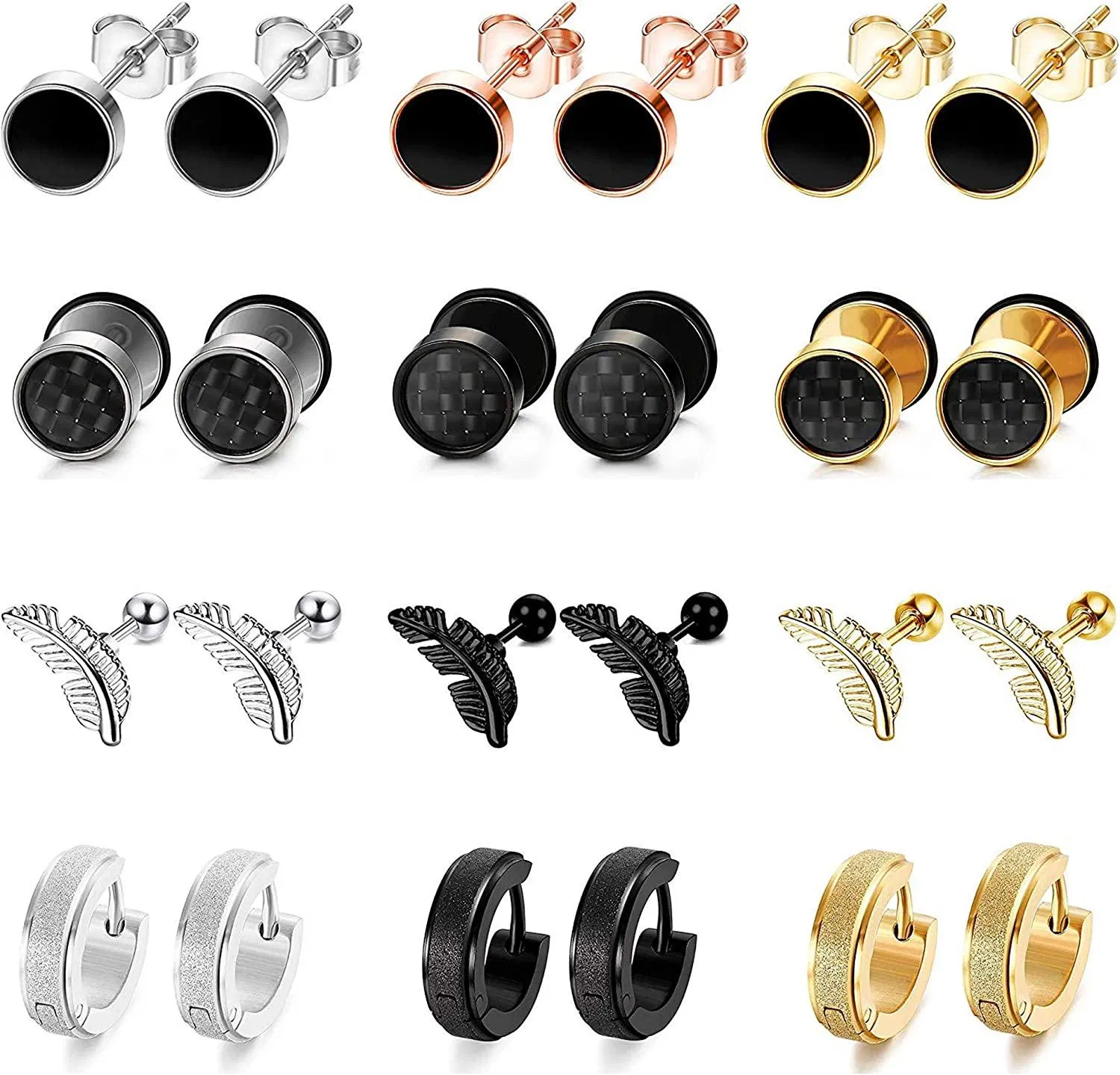 12 Pairs Stainless Stud Earrings for Men Women Feather Cartilage Earrings Hoop Huggie Earrings Helix Piercing Earrings Jewelry - Grocery