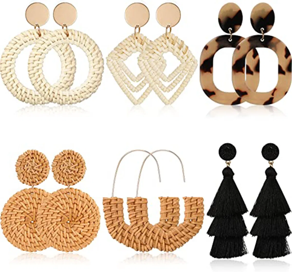 6 Pair Rattan Straw Earrings, Boho Earrings Handmade Wicker Drop Earrings Women - Grocery