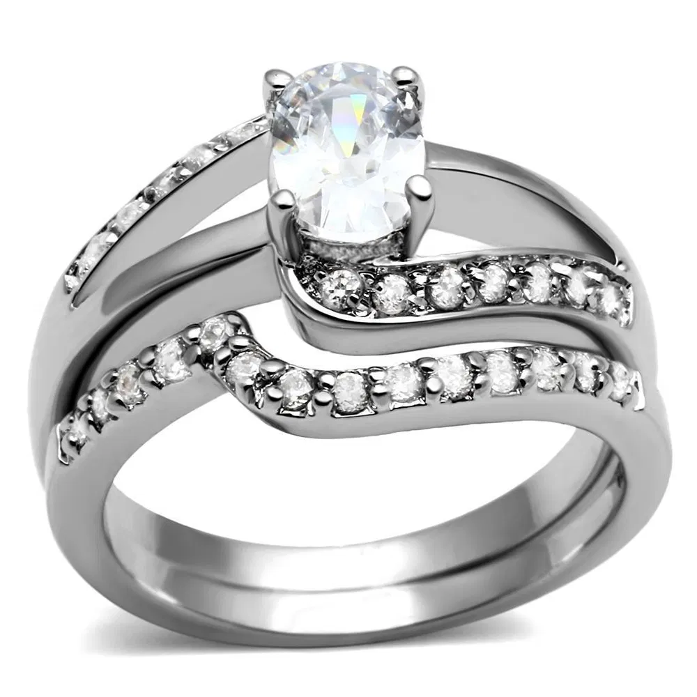 TK2879 - High polished (no plating) Stainless Steel Ring with AAA Grade CZ in Clear - Grocery