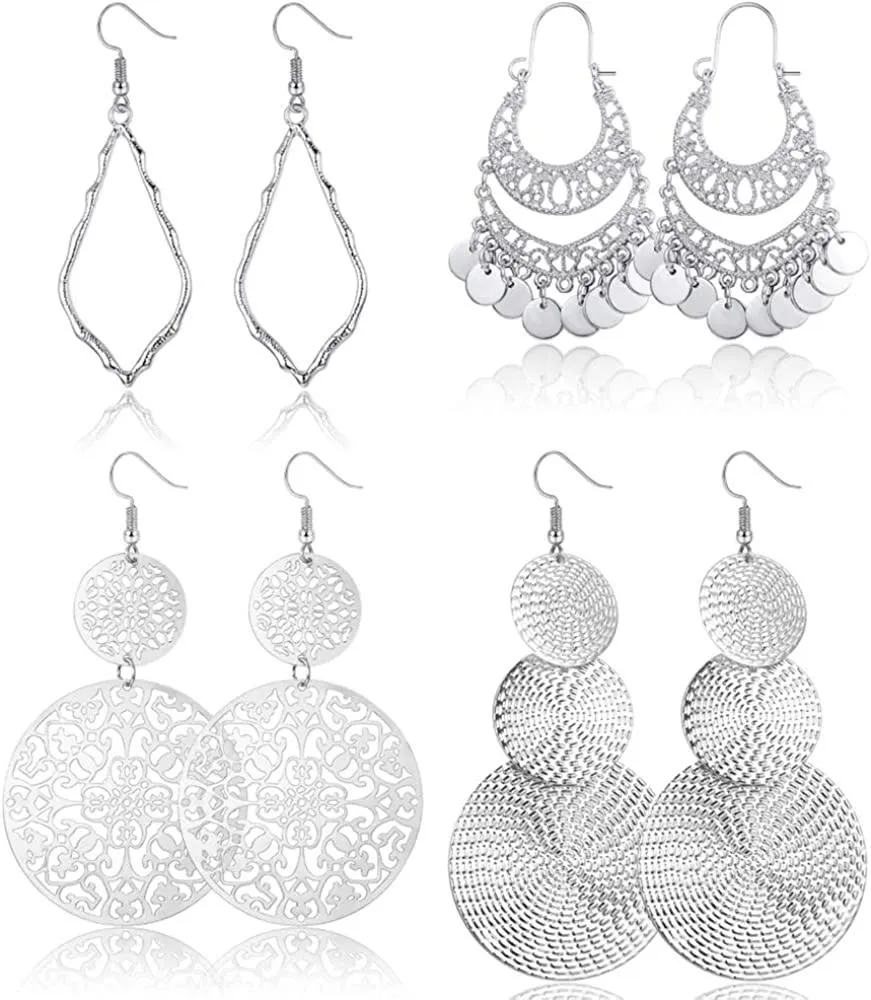 4 Pairs Vintage Dangle Earrings for Women Large Silver Drop Earrings Set Long Statement Earrings Delicate Filigree Chandelier Earrings - Grocery