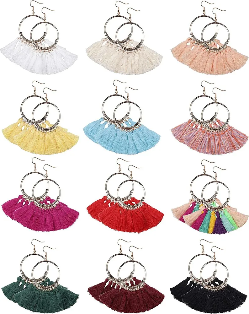 12 Pairs Bohemian Tassel Hoop Earrings Statement Fan Shape Drop Dangle Hook Earrings Colorful Earrings Set for Women Girls - Grocery