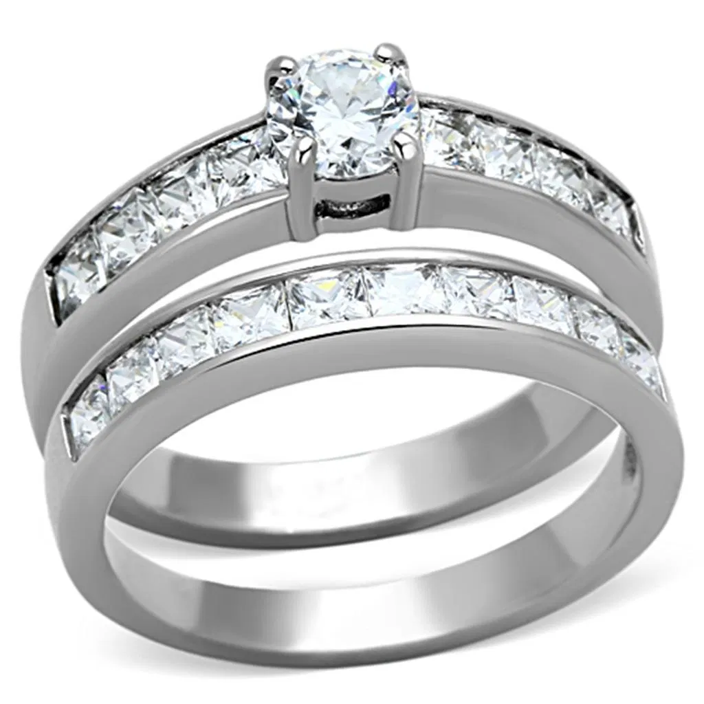 TK1321 - High polished (no plating) Stainless Steel Ring with AAA Grade CZ in Clear - Grocery