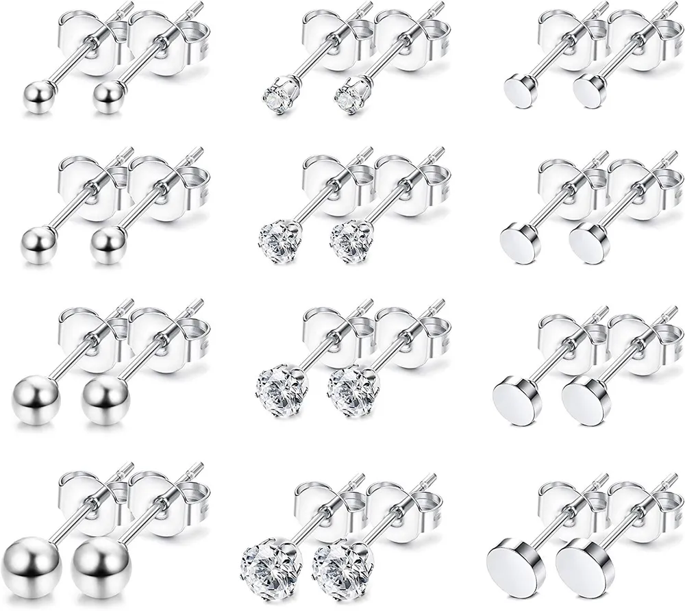12 Pairs Stud Earrings for Women Men Stainless Round Clear CZ Ball Tiny Cartilage Stud Earrings Set(2mm 3mm 4mm 5mm) - Grocery