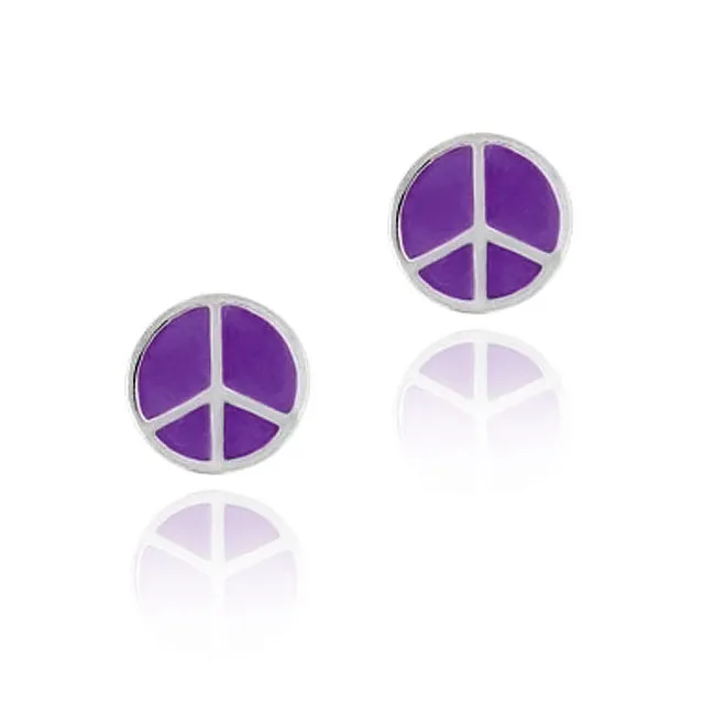 Sterling Silver Purple Enamel Peace Sign Symbol Earrings - Grocery