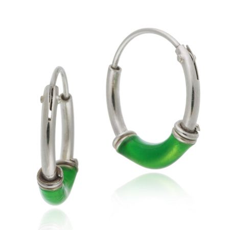 Sterling Silver Green Enamel Hoop Earrings - Grocery