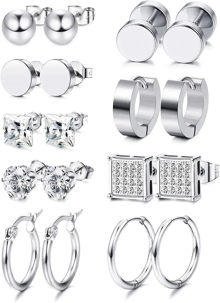 9Pairs Stainless Steel CZ Stud Earrings for Women Mens Hoop Huggie Earrings Ear Piercing Earrings Set - Grocery
