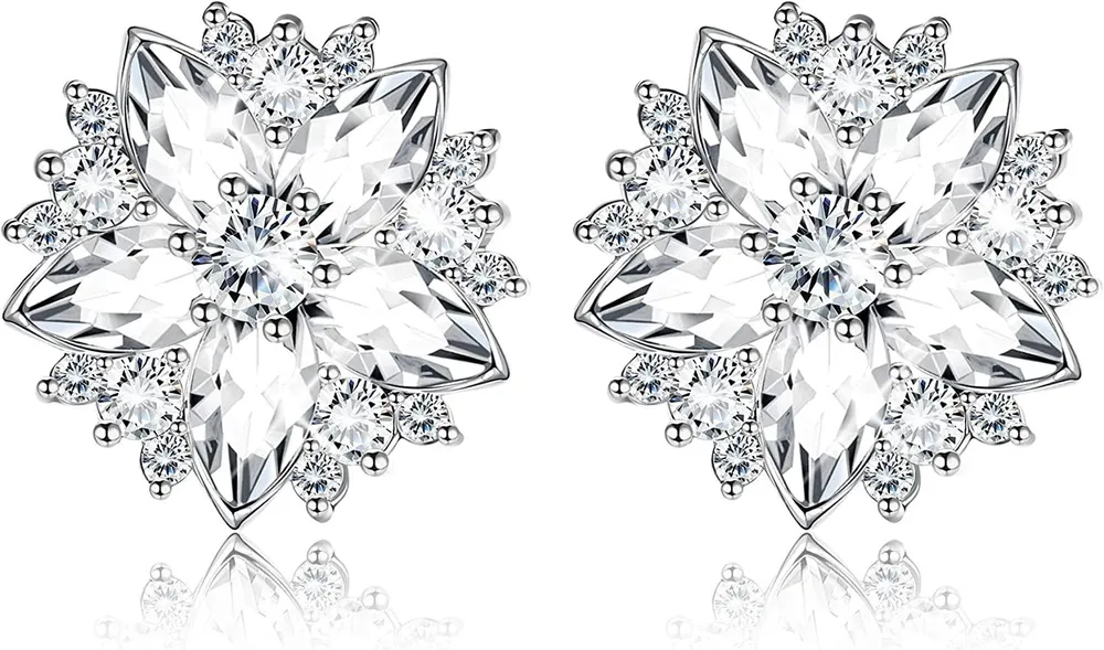 925 Sterling White Cherry Blossom Flower Snowflake Crystals Stud Earrings Set with Austria Crystals Sakura Earrings Birthday Anniversary Jewelry - Grocery