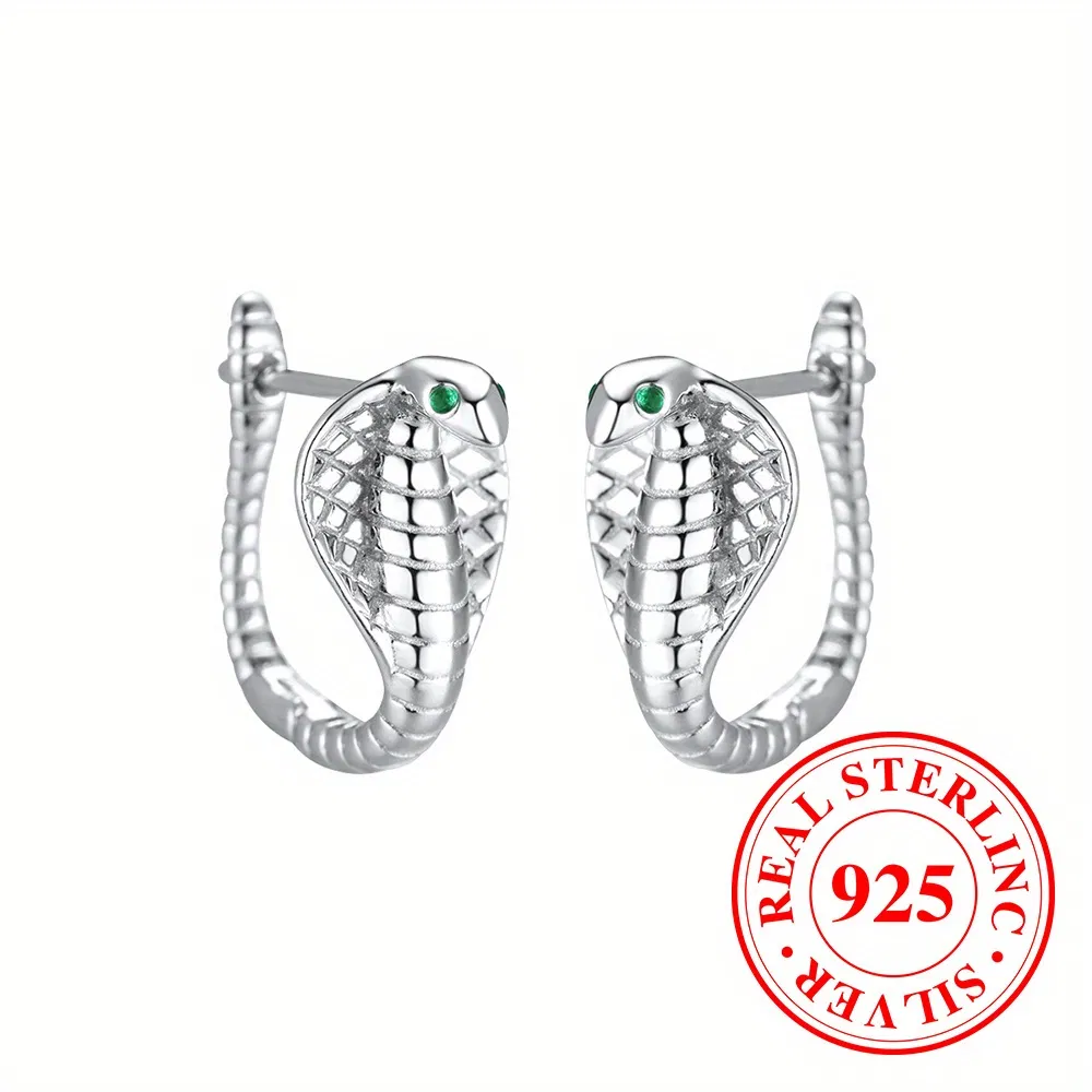 Retro Bohemian Style Silvery Cobra Design Clip On Earrings With Shiny Zircon Decor Sterling 925 Silver Jewelry Personality Gift - Grocery