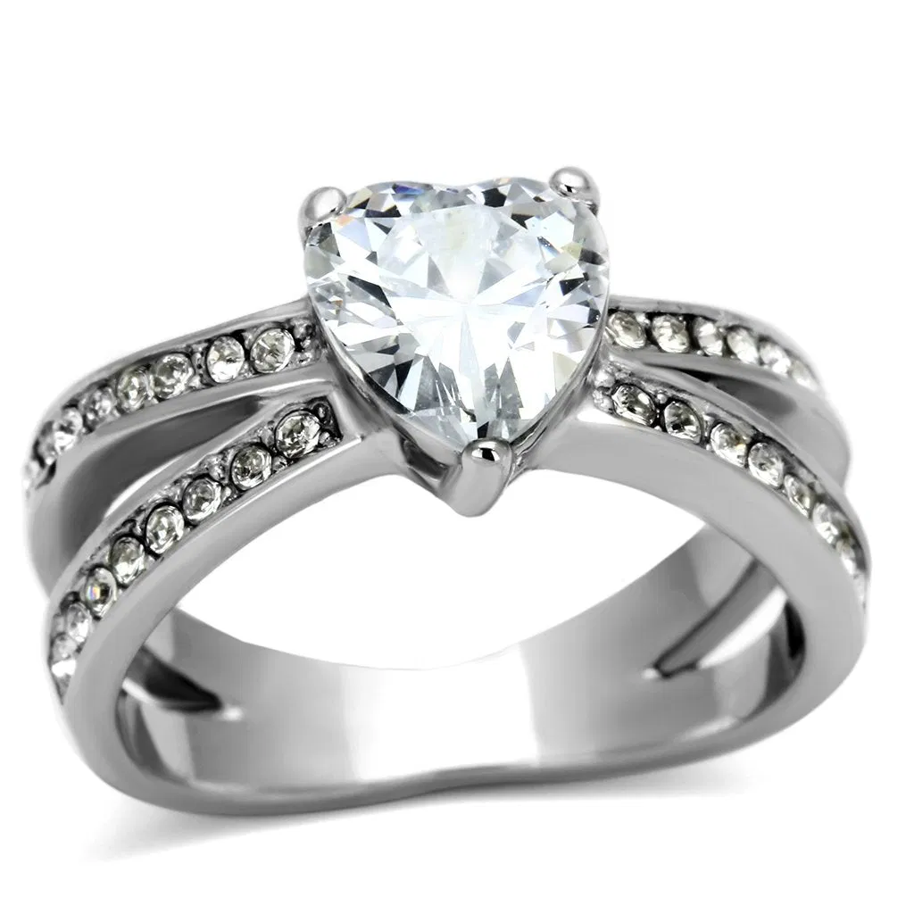 TK851 - High polished (no plating) Stainless Steel Ring with AAA Grade CZ in Clear - Grocery