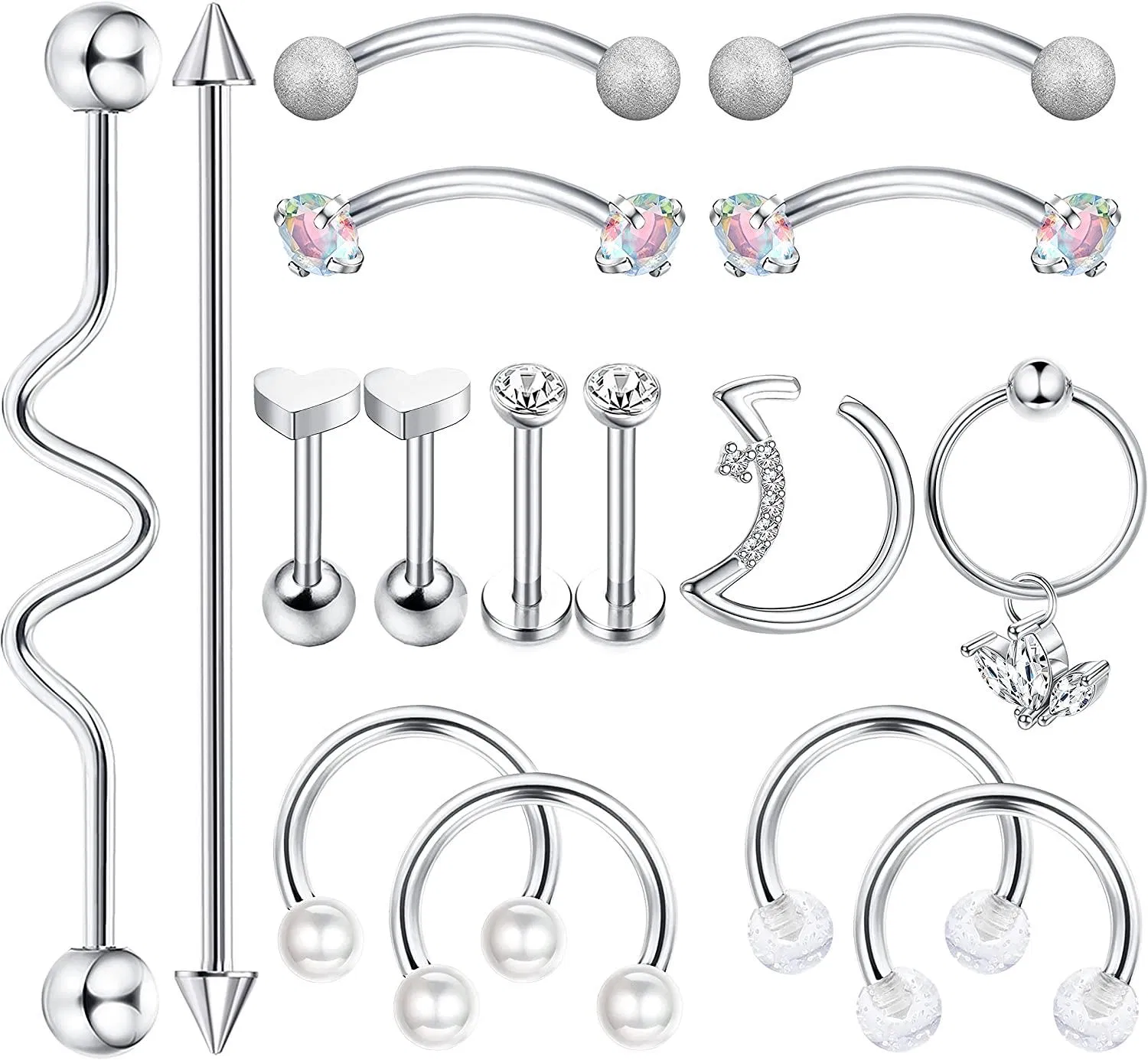14G Surgical Industrial Piercing Jewelry for Women Industrial Barbell Earring Set Cartilage Rook Helix Tragus Daith Lip Piercing 16pcs - Grocery