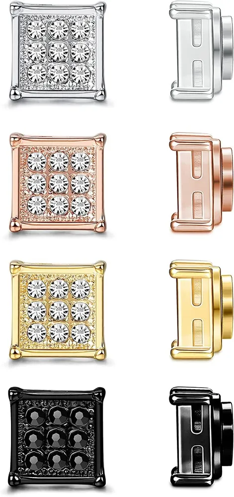4 Pairs Square Cz Magnetic Stud Earrings for Men Women Stainless Clip Non-piercing Earrings Set Unisex - Grocery